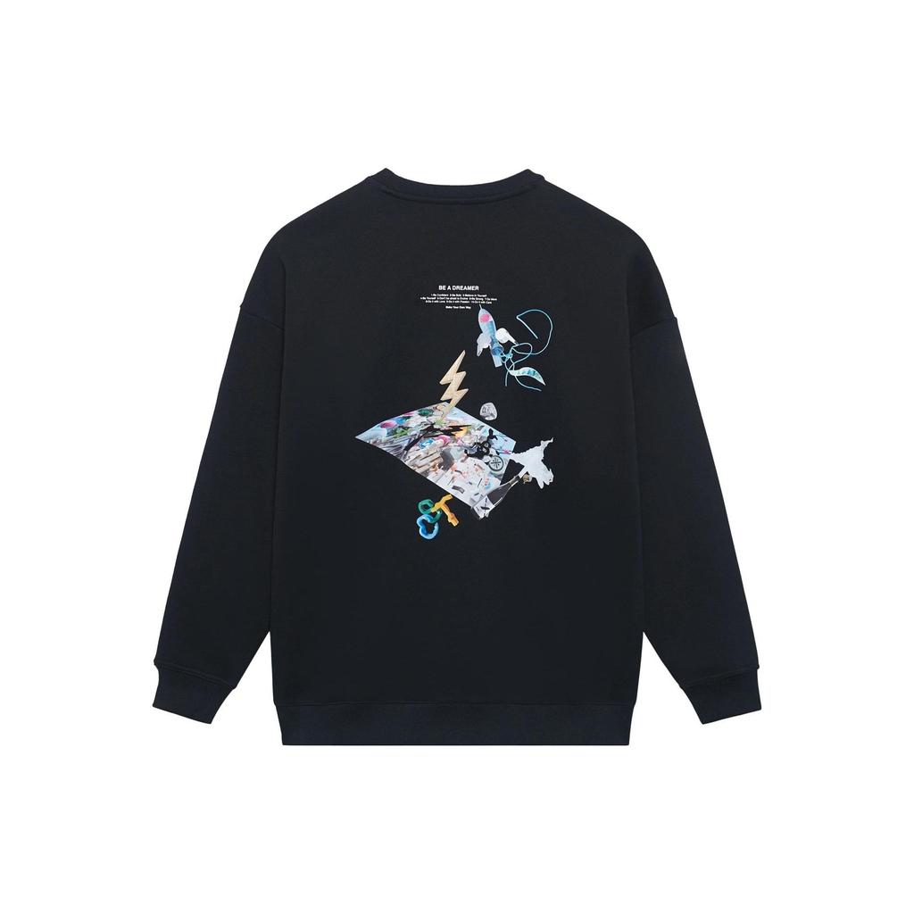 Lining Fleece-Lined Long Sleeve Sweatshirt With Back Print Unisex Tops Black AWDSI39-1