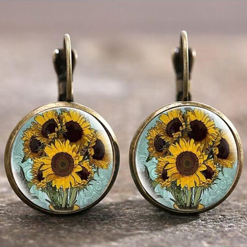 Vintage Anitique Gold Plated Starry Night Sunflower Glass Earrings For Women Classic Van Gogh Jewelry Accessories