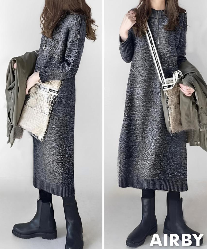 Half Zip Rib Knit High Loose Heather Long Office Spring Dinner Body Beautiful Long [Airby] Women's Dress, Neck, Mid-Length, Winter, Fit, Neat, Gray,