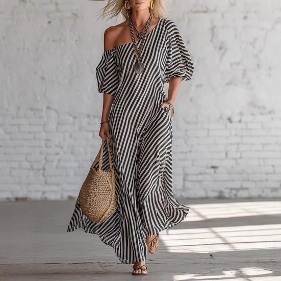 Damen Gestreiftes Off-Shoulder Maxikleid Kurzarm Lässig Party Cocktailkleid Sommer Strandurlaub Fließendes Kleid
