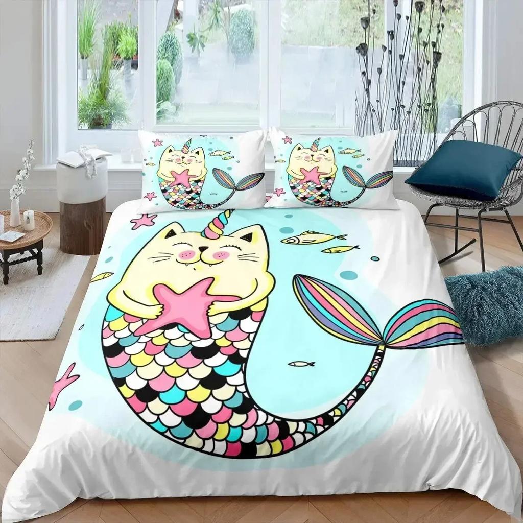Rainbow Cartoon Cat Colorful Mermaid Comfortable Duvet Cover Pillowcase Bedding Set Children Bedroom Decoration Home Textile