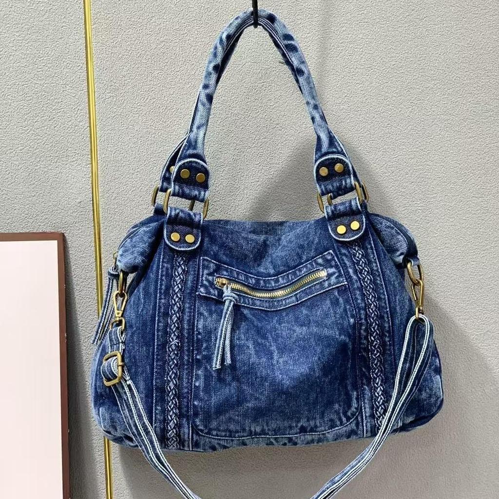 Velkokapacitní retro džínová taška tote & crossbody motocyklová taška pro ženy