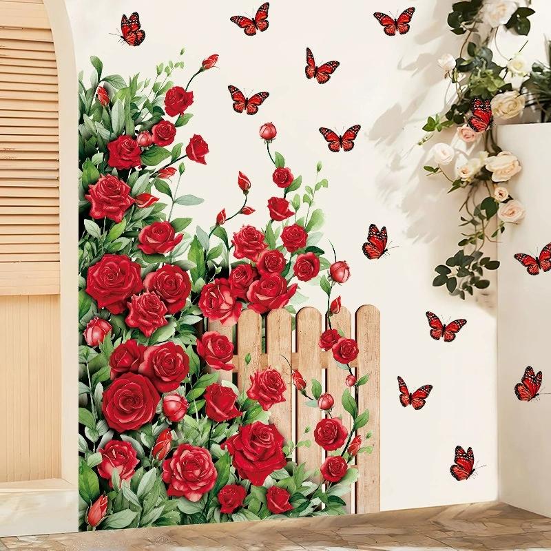 Valentine'S Day Rose Wall Sticker Vine Fence Butterfly Removable Stickers Pvc Self-Adhesive Party Atmosphere Decorative Decals