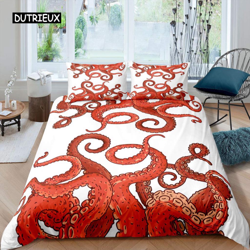 Octopus Duvet Cover Set Microfiber Green Octopus Tentacles Twin Bedding Set Sea Marine Theme Underwater Animal Comforter Cover
