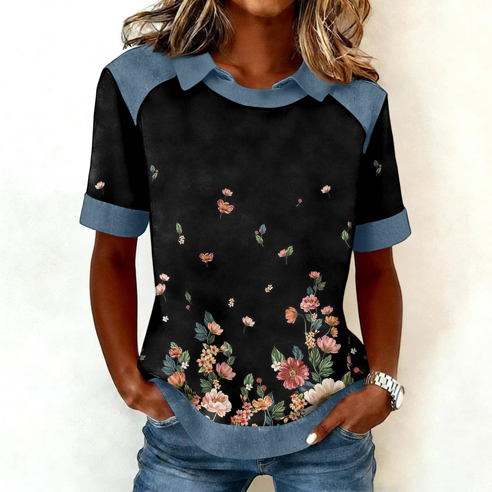 

Женская модная ковбойская толстовка с воротником и вставками, повседневная толстовка с принтом, рубашка с коротким рукавом, топ M чёрный