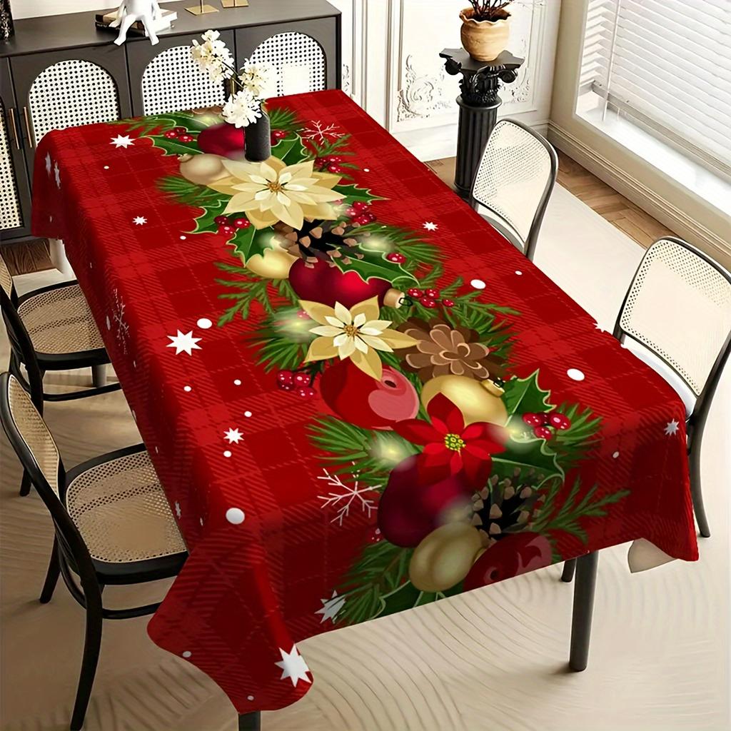Festive Red Tablecloth with Decorative Elements - Thick Fabric, Easy To Clean, Machine Washable, Perfect for Party and Holiday Decoration