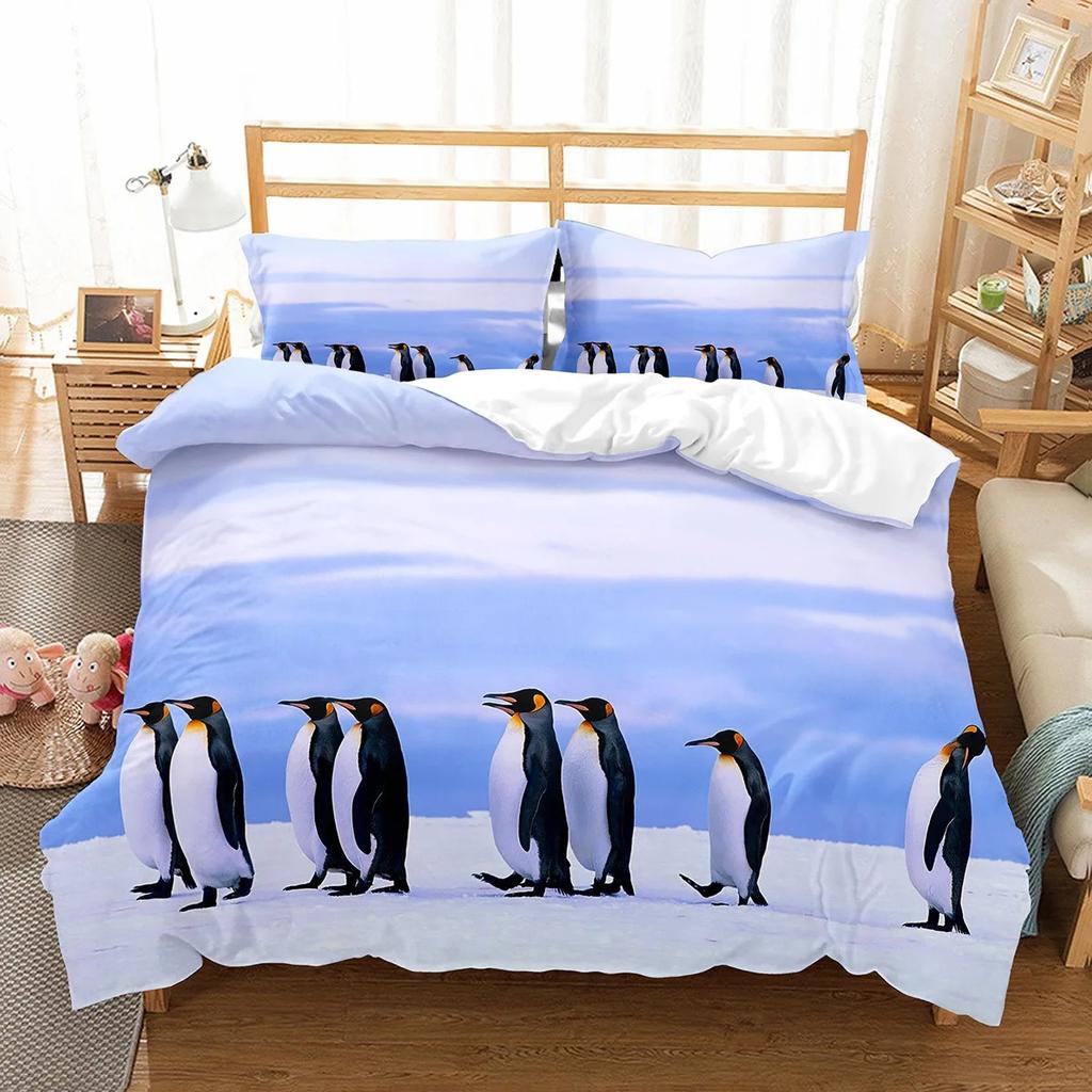 Roztomilý Vzor Tučňáků Sada Povlaku na Přikrývku Roztomilá Kawaii Zvířátka Pro Chlapce Dívky Dekorace Ložnice Polyesterový Povlak na Přikrývku Velikost King Queen