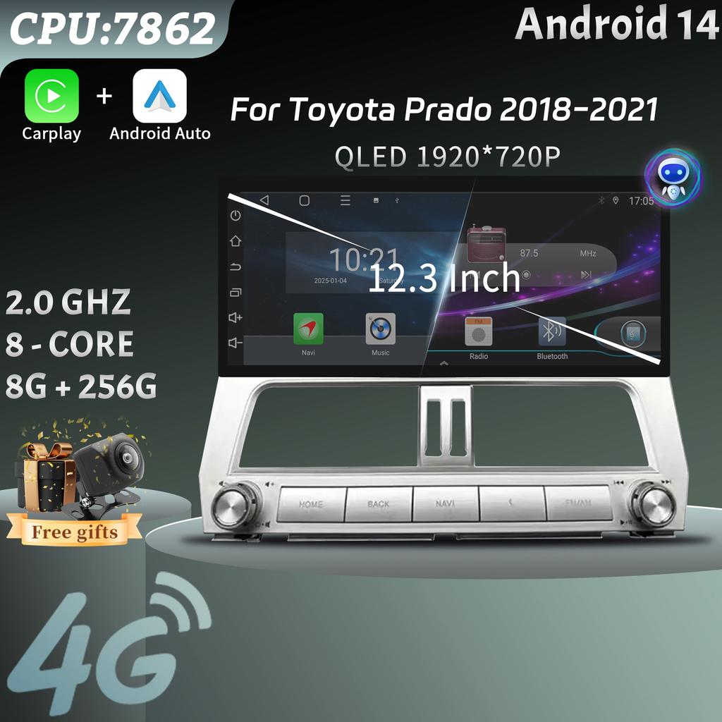 12.3inch Car Radio Multimedia 4G GPS For Toyota Prado 2018-2021 Multimedia Wireless Bluetooth Carplay Touch Head Unit Screen
