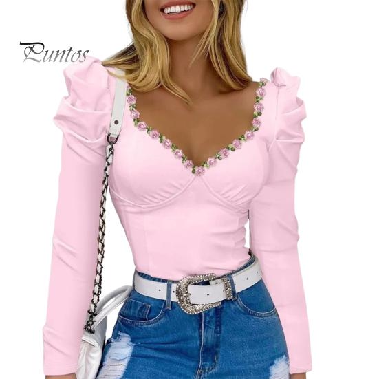 Women Spring Summer Tops Square Collar Puff Long Sleeve T-shirt Flower Decor Solid Color Slim Fit Tee Shirt Streetwear