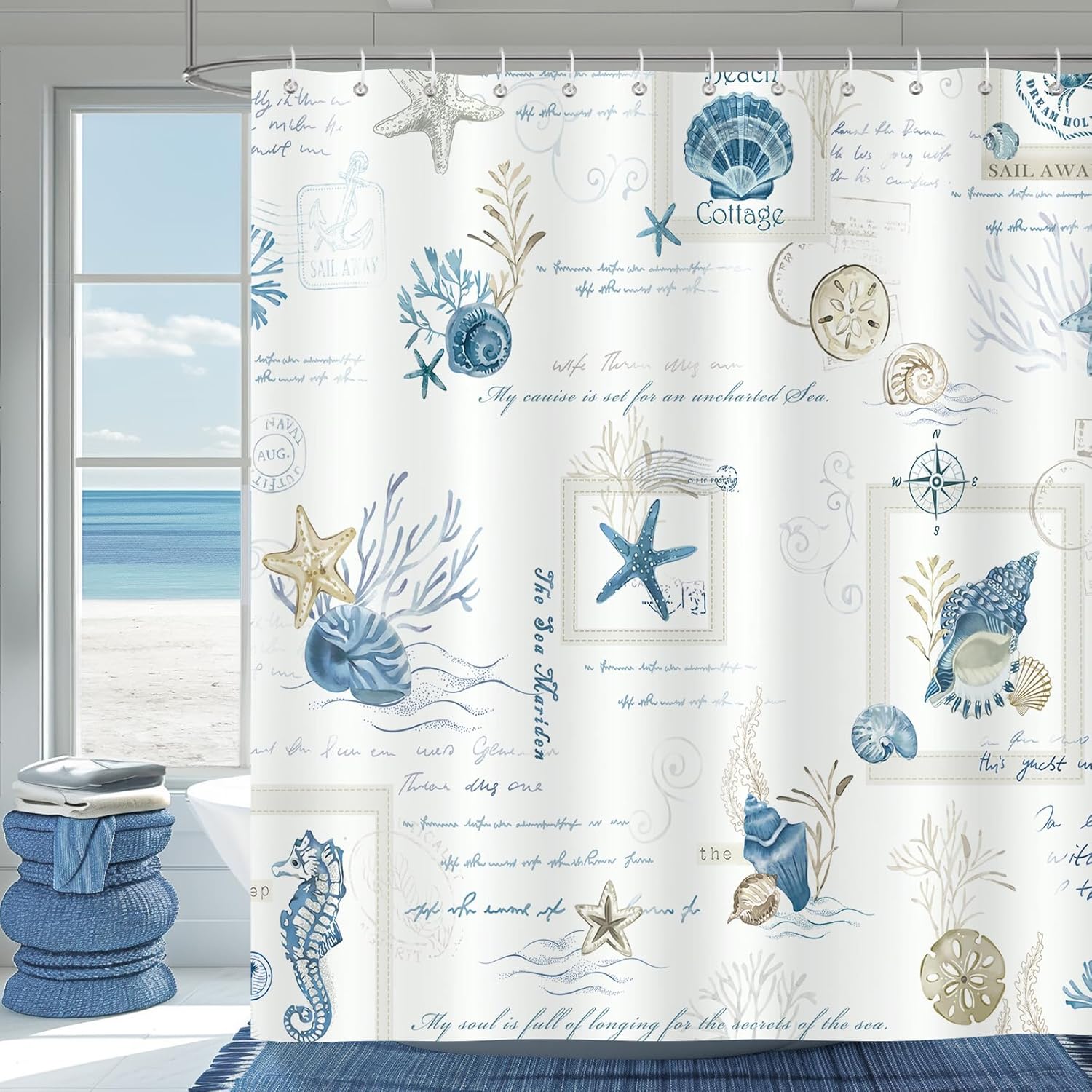 Home&Kitchen Accessories Blue Nautical Coast Starfish Shell Shower Curtain 180 X 180Cm Polyester Waterproof Mildew Washable Shower Curtain With 12 Hooks