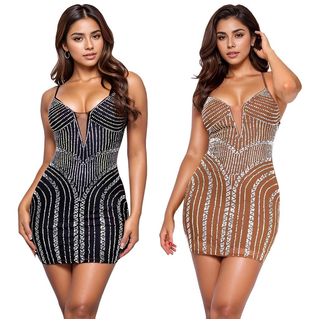 C7215 European & American Fashion Spaghetti Strap Rhinestone Dress - Sexy Tight Sleeve Short Dress for Women