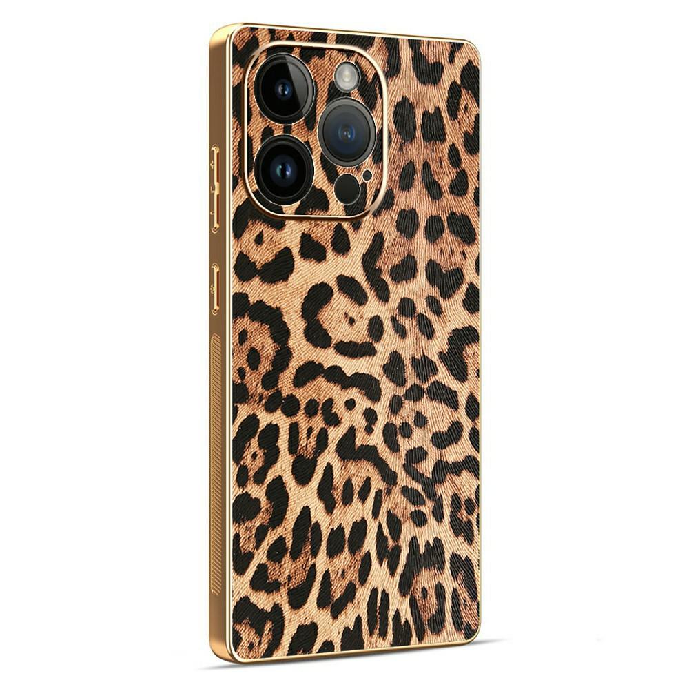 

For iPhone 14 Pro Case Leopard Print PU Leather Coated PC+TPU Electroplating Phone Cover A