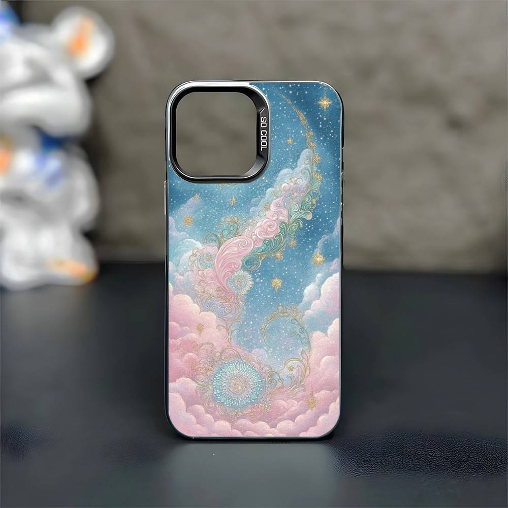 Golden Stars Moon Nebula Pink Phone Case For iPhone17,16,15,14,13,12,11 Plus,Pro Max Black Matte Shockproof Cover