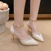2025 New Fashion  One Strap Hollow Heels Autumn New Pointed Toe Shallow Slip Rhinestone Non-slip Stiletto Single
