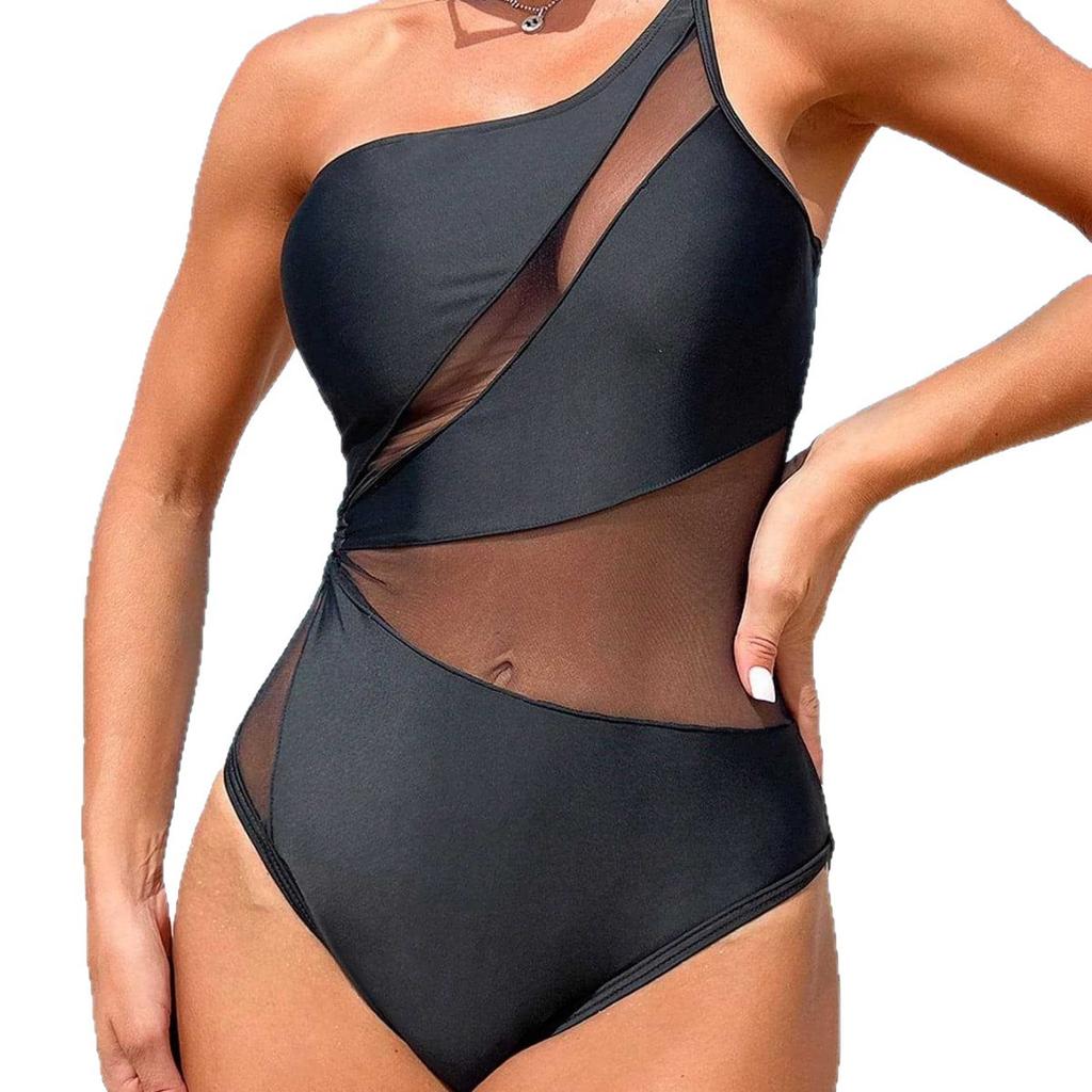 1011 New Solid Color Swimsuit, High-end Sense, Slim and Thin Women's Sexy Mesh Splicing Single Shoulder Strap One-piece Swimsuit