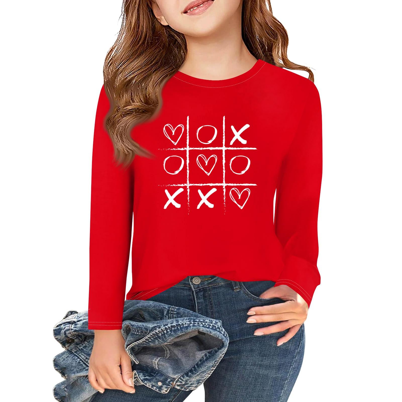 

Футболки с длинным рукавом для девочек Love ко Дню святого Валентина, детские осенние топы с круглым вырезом, базовые футболки для детей 5-14 лет 160 киноварь