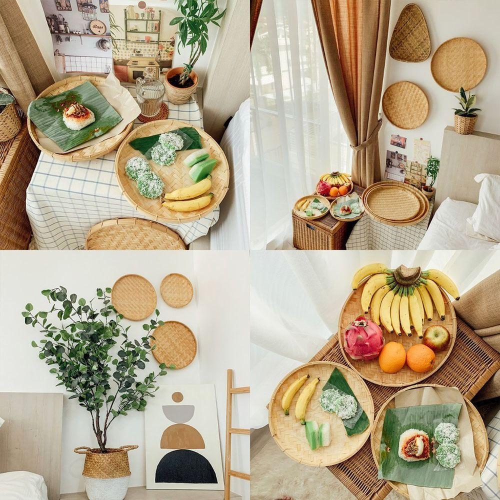 1Pcs DIY Decorative Bamboo Sieve Round Dustpan Dessert Plate Durable Kitchen Storage Tray