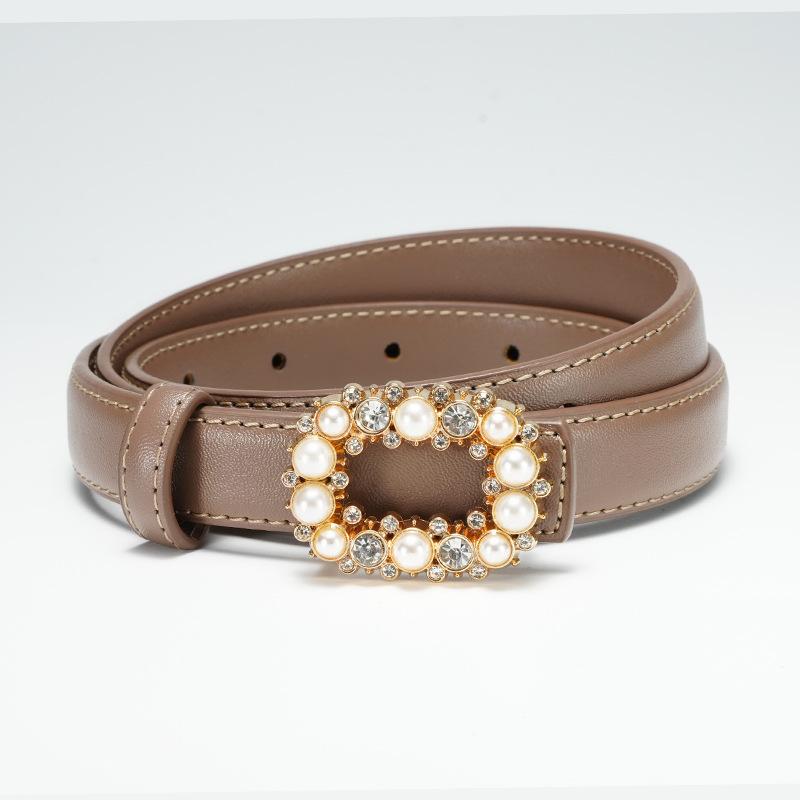 

New Women s Belt Inlaid with Pearl Rhinestone Round Buckle Decorative Strap Versatile Women s Genuine Leather Smooth Buckle Belt