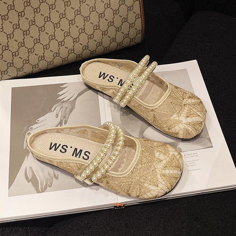 

Сетчатые дышащие полутапочки-мешки для женщин, новая летняя модная плоская подошва, французские сандалии Мэри Джейн прилив 40 золотой