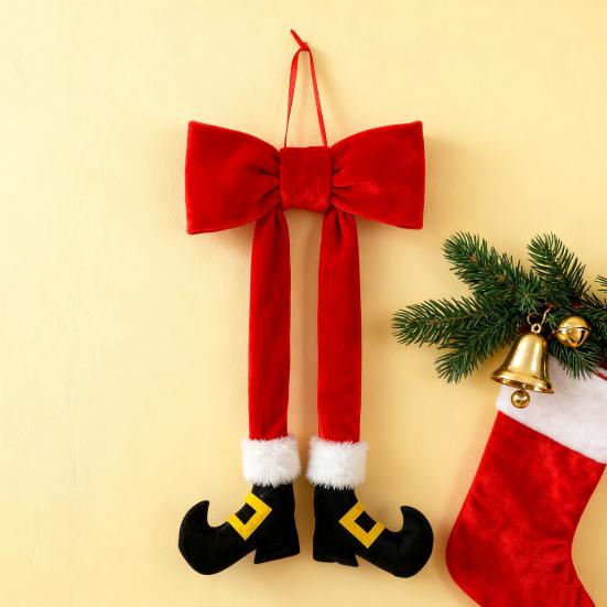 Ornament Picior Elf de Crăciun 14 Inch Roșu Pluș Picior Elf Ornament Agățat cu Fundă de Catifea pentru Coroană Pom de Crăciun Ușă Perete Decor de Sărbători