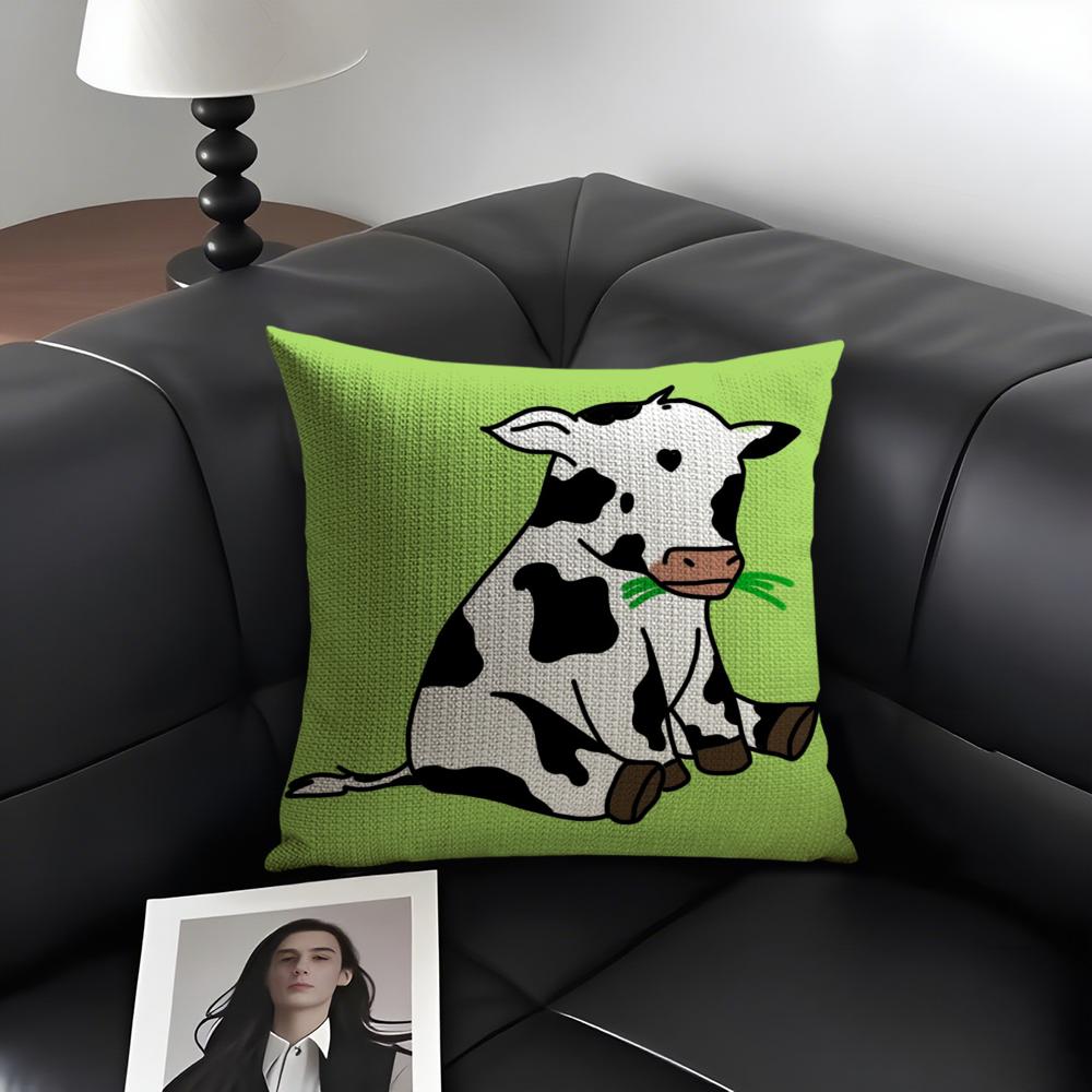Cow Cartoon Cushion Cover Natural Linen Organic Fabric DoubleSided Printing Sofa Home Decor Gift Pillow Case