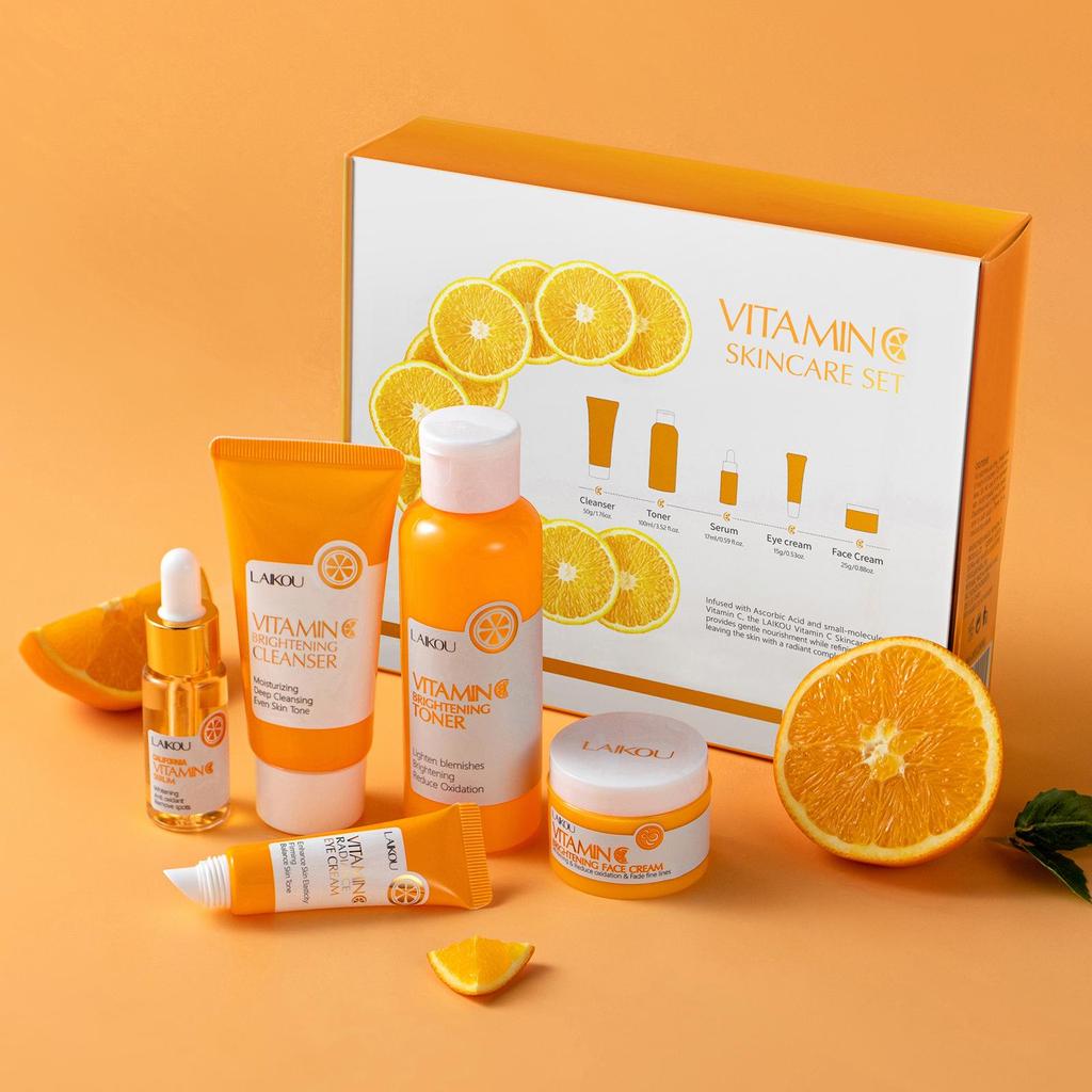 Laikou Vitamin C Skincare Set: Cleanser, Toner, Serum, Eye Cream, Essence Cream.