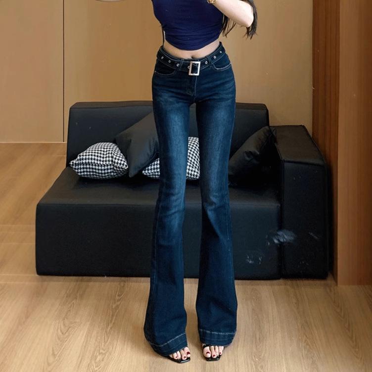 American Women's Low-Waisted Skinny Belted Micro-Flare Jeans - New Slimming Versatile Flared Pants for 2026 Autumn/Winter