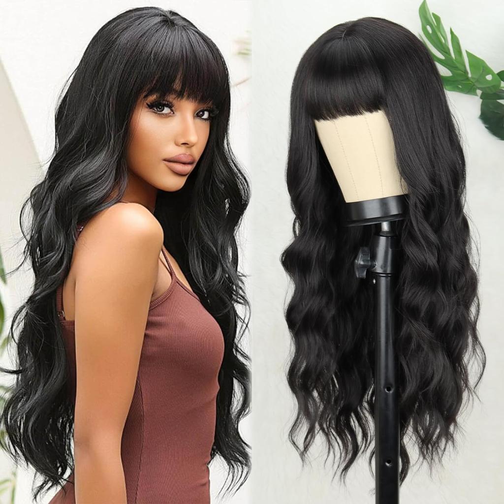 Long Auburn Wigs with Bangs Long Wavy Wigs for Women 26 Inch Copper Red Middle Part Copper Wavy Wig Natural Looking Synthetic Auburn Long Wig