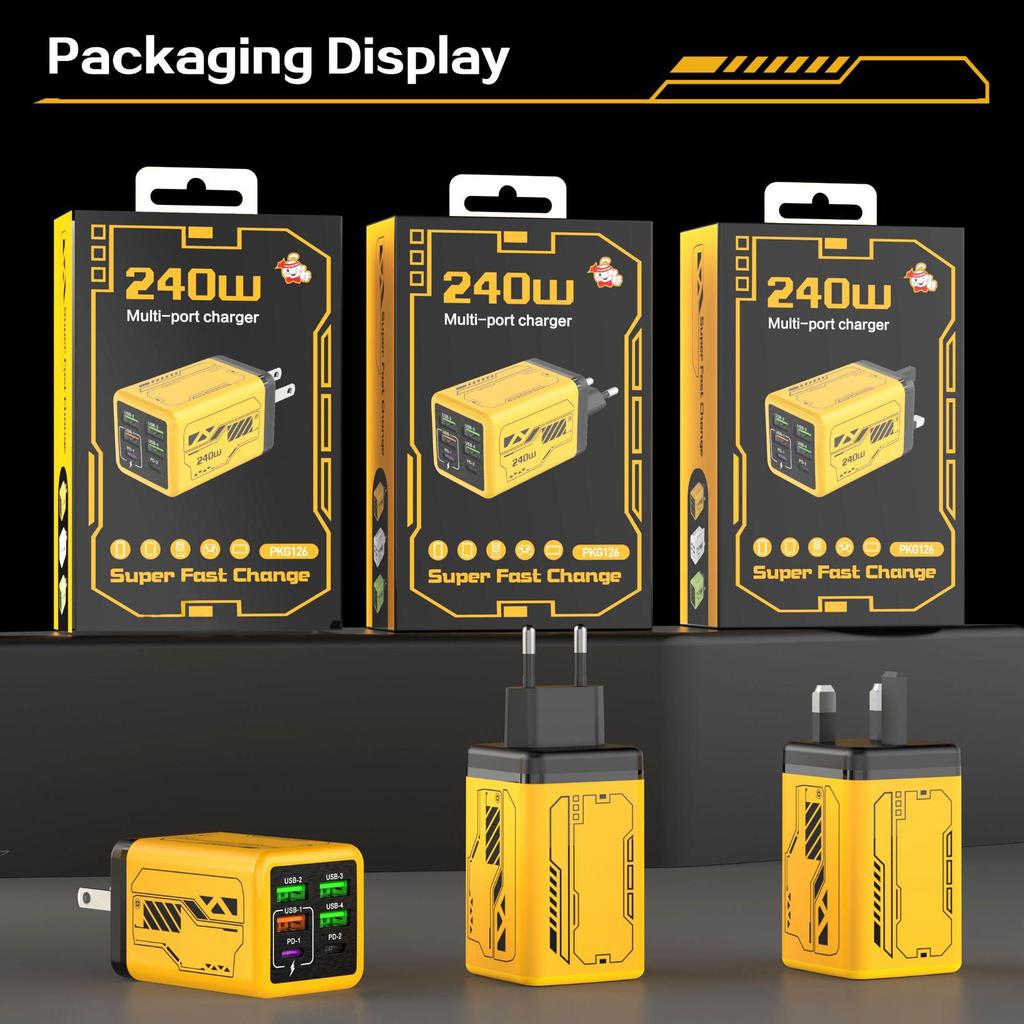 Mecha Style PD240W Fast Charger: 4-USB & 2-Type-C Ports, Compatible with Apple & Huawei Devices