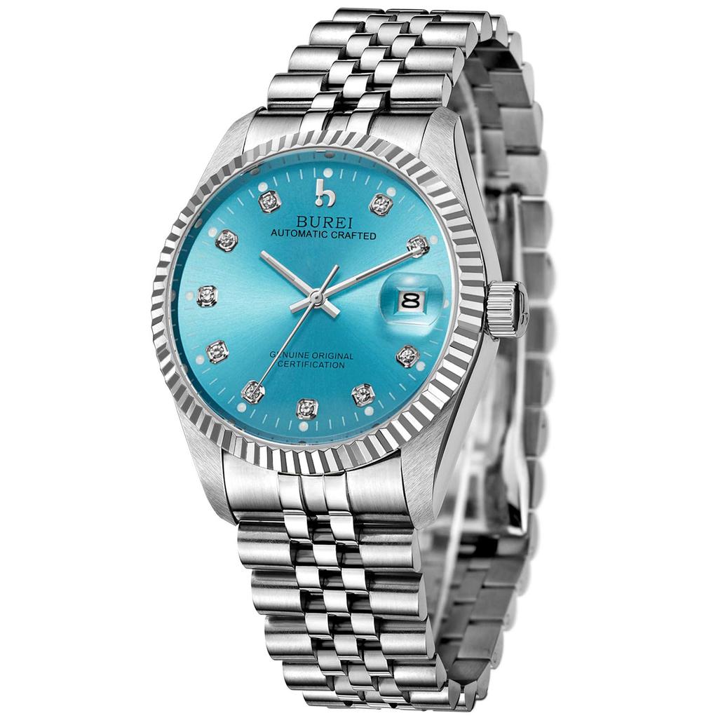 Automatic Mechanical Popular Arm Light Blue Watch [BUREI] Men's Watch, Waterproof, Analog, Date, Watch, Men's Brand, Stylish, Watch, Simple, Casual,