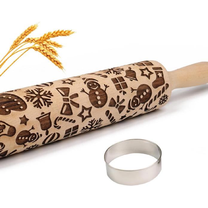 Christmas Embossed Rolling Pin for Baking Cookies Embossing Rolling Pins with Design Wooden Engraved Springerle Roller Pin Dough Patterned Clay