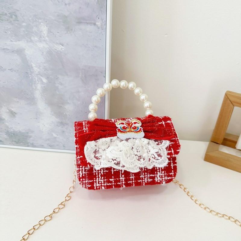 Red Cute Delightful Bowknot Childrens Handbag With Trendy Chain And Handle Pearl