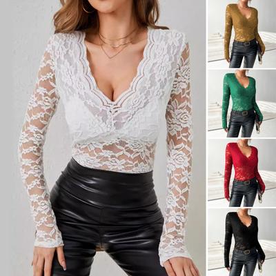 Frauen Tops Einfarbig V-ausschnitt Langarm Shirt Durchsichtige Stickerei Spitze Blume