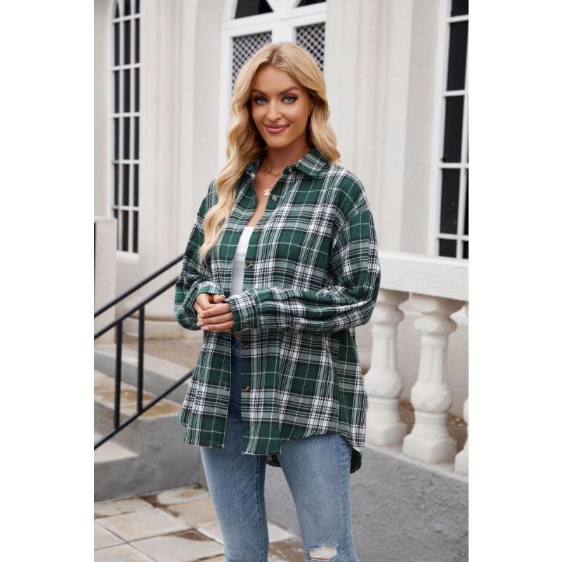 Spring and Autumn Women's Casual Fashion Street Loose Plaid Long Sleeve Shirt
