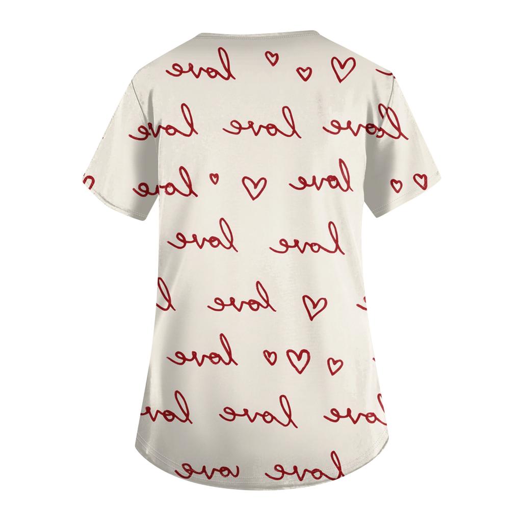 Women's V,neck Valentine's Day Printed Short,sleeved Pocket Side,slit Protective Suit Top