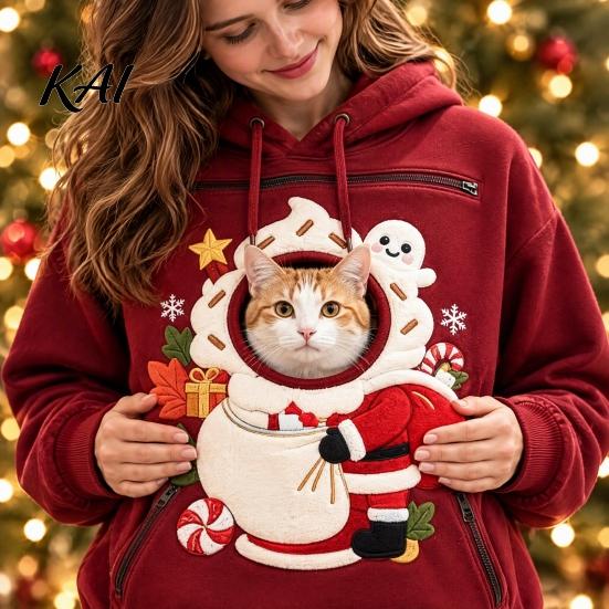 Cozy Fleece Pet Pocket Unisex Pouch Christmas Hoodie, Cute Dog Cat Carrier Hooded Sweatshirt with Small Holder Top Graphic, Lined Animal Pullover