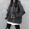 Felpa nera da donna con cappuccio patchwork a maniche lunghe pullover scozzesi coreani