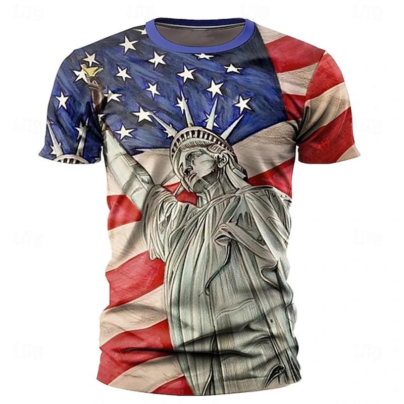 Summer Round Neck 3D Retro Flag Print Top Fashionable Casual Breathable Short Sleeved Men's T-shirts