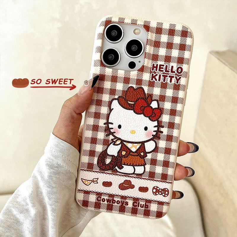 New Checked Denim Kt Cat Suitable for Iphone16promax Leather Pattern Apple 15 Protective Cover 14
