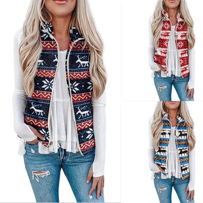 Women's Casual Ethnic Tie Printed Semi High Collar Zipper Plush Vest Coat