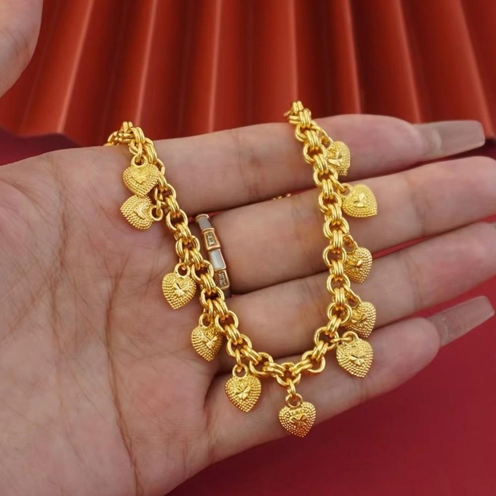 Elegant Heart Charm Hand Chain Heart-shaped Bell Jewelry Gold Pendant Bracelets 4mm Width Gifts Multi Bead Cuban Chain Women