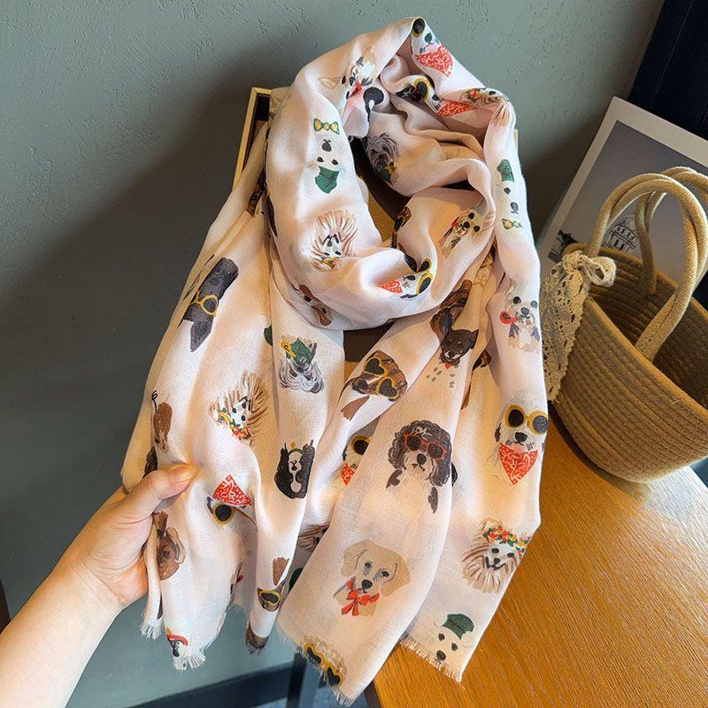 Stylish Dog Print Scarf with Fashion Glasses Design Lightweight Cotton Viscose, Breathable & Windproof for Spring/Autumn Travel