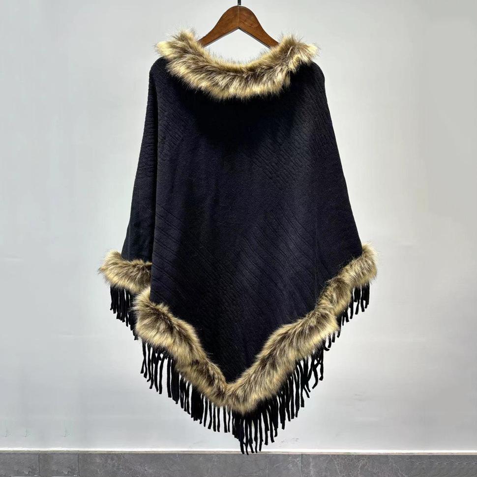 

Элегантное вязаное классическое кейп с кисточками и меховым воротником - женское с застежкой спереди, новое теплое модное шаль для свадебной вечеринки и вечернего платья на осень и зиму чёрный