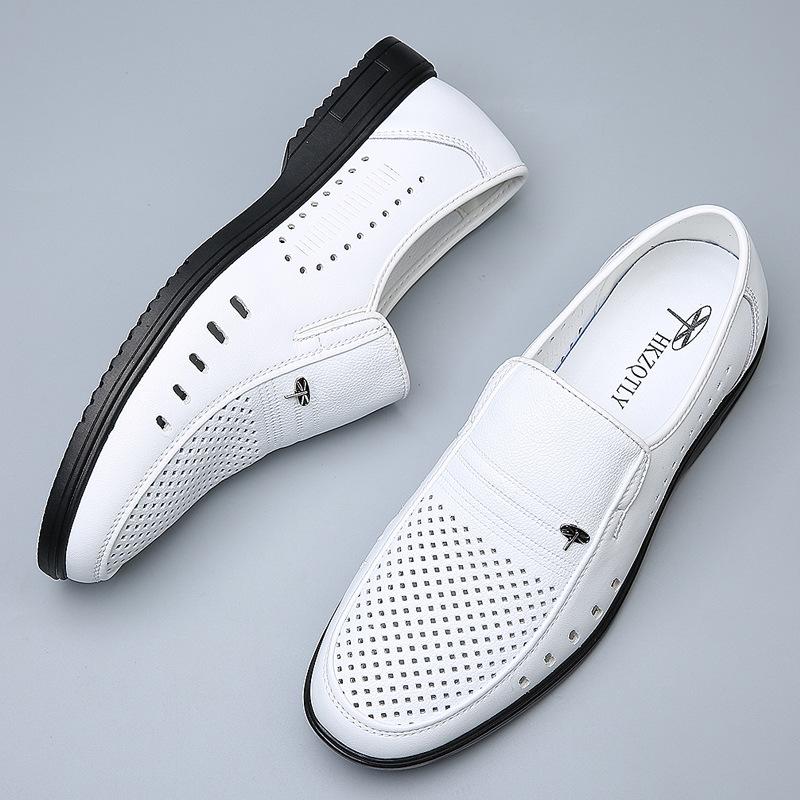 White leather shoes men's hole-hole hollowed-out breathable sandals wear-resistant mesh Korean version handmade men's leather sandals white leather