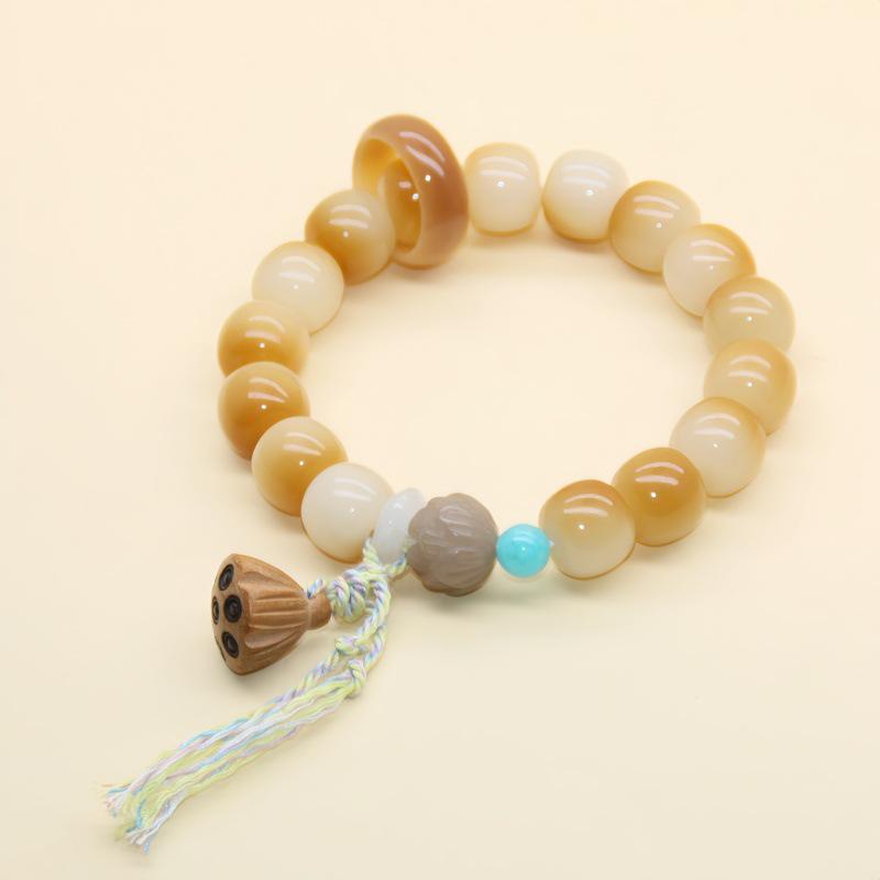Natural White & Creamy Yellow Jade Bodhi Root Double-Strand Bracelet - New Chinese Design for Women