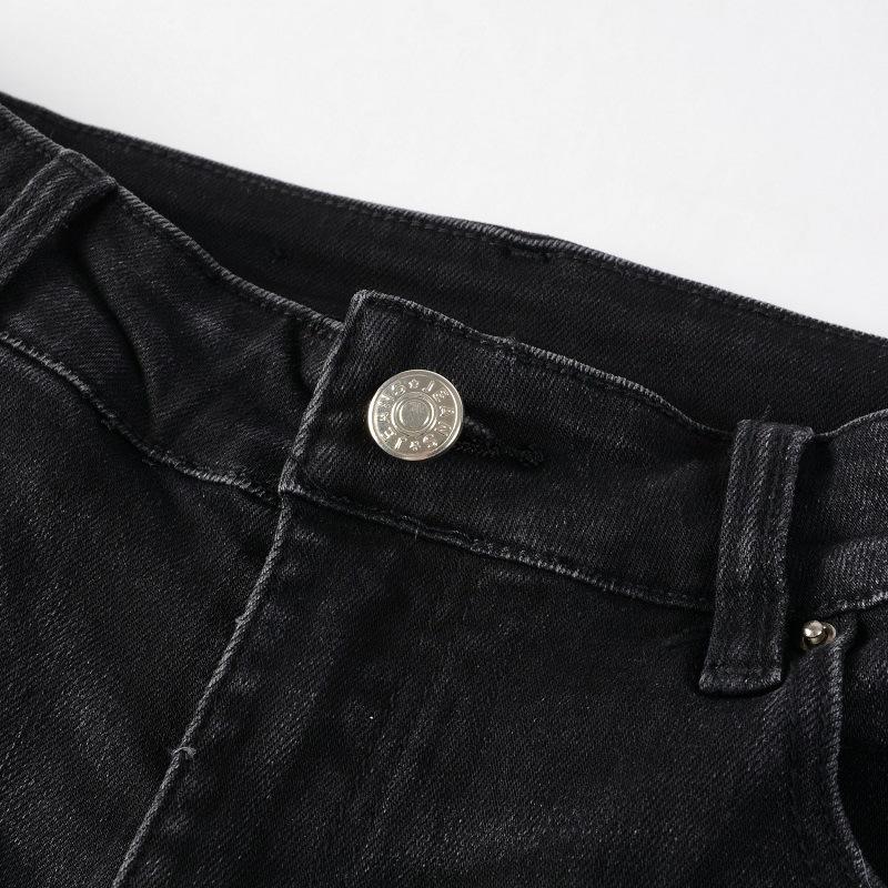 Unisex Vintage Crystal Stretch Denim Skinny Jeans Painted Holes Ripped Tapered Pants Men Streetwear Patchwork Black Trousers