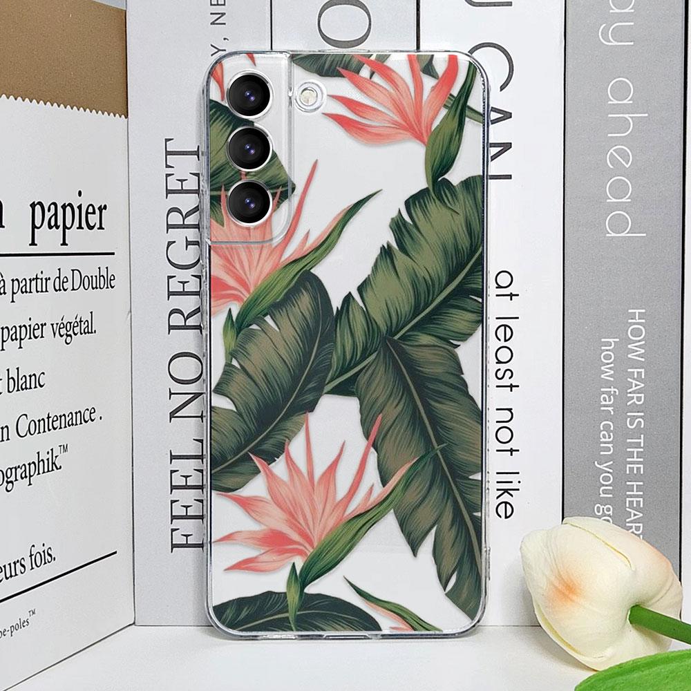 Floral Palm Leaf Flower Painted Phone Case for Samsung Galaxy S25 24 S23 S22 S21 Ultra Plus FE 5G Transparent Soft Cover Fundas