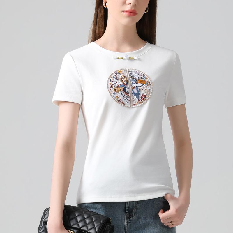 New Chinese Short-sleeved T-shirt for Women's New Round Neck Embroidered Embroidered T-shirt Light Chinese Style Chinese Elements Improved Top