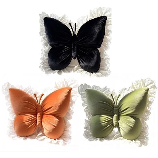 Butterfly Shape Throw Pillow Velvet Butterfly Pillow with Lace Trim Decorative Pillow for Sofa Couch Bedroom Office Decor
