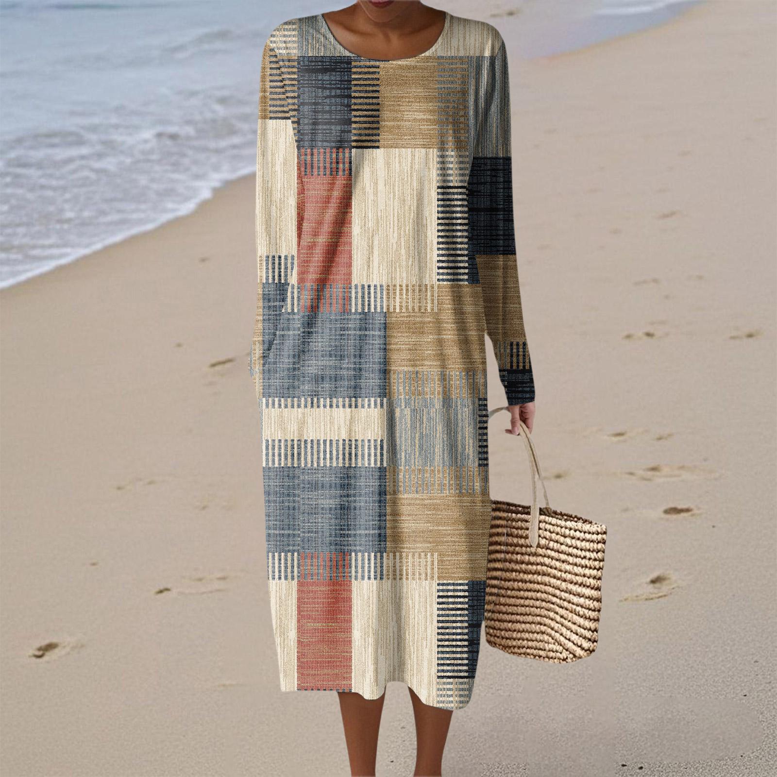 

Women s Fashion Casual Long Sleeve Retro Print Round Neck Pocket Elegant Temperament Dress L